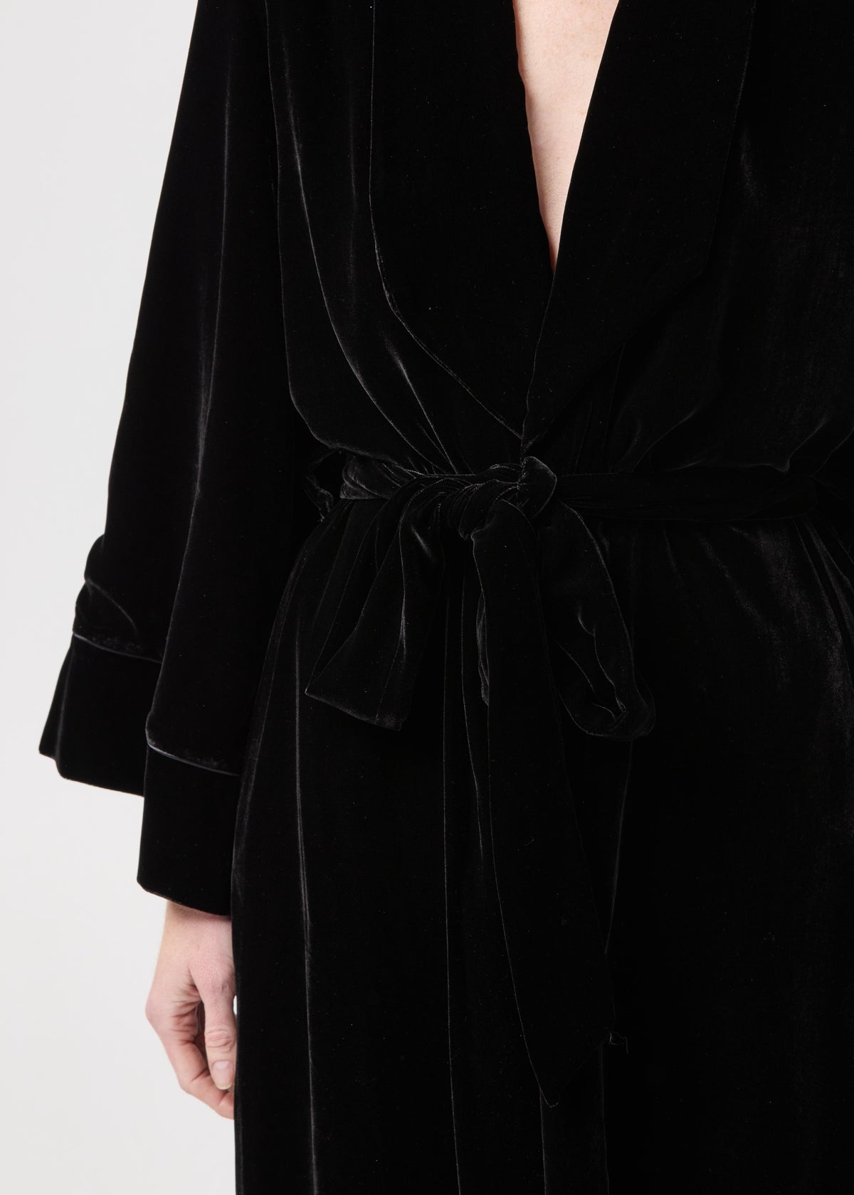 Katherine in Devotion close-up detail silk velvet robe