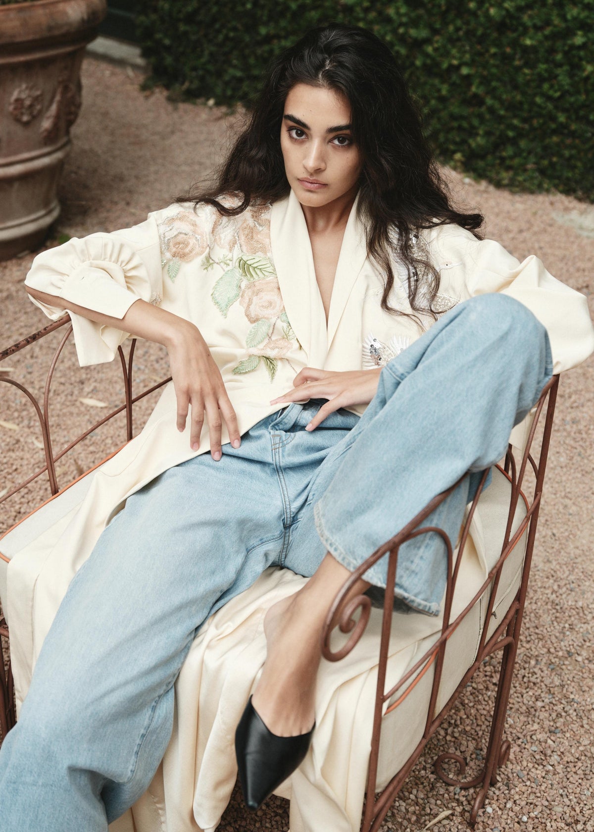 Isadora cream silk robe with hand-embroidered roses and cranes