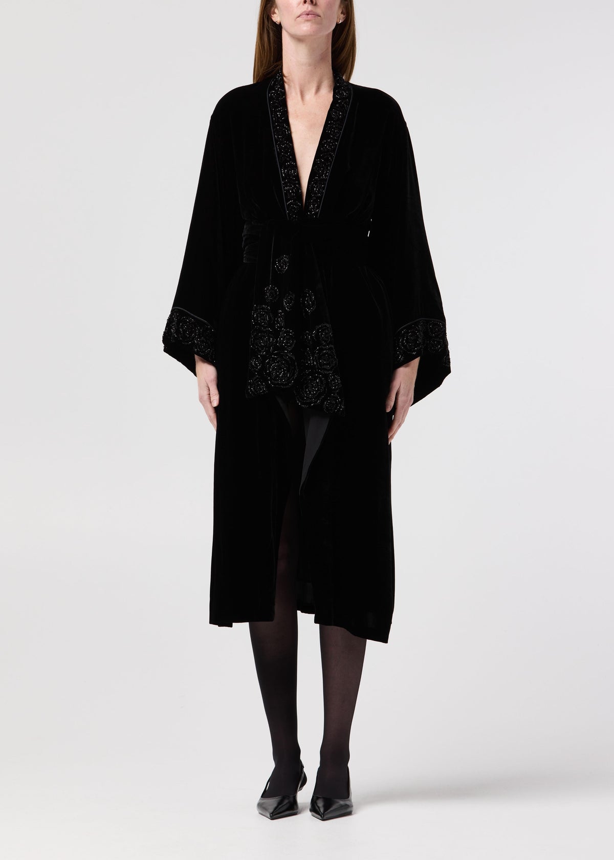 Eminence black silk velvet robe with hand-beaded roses