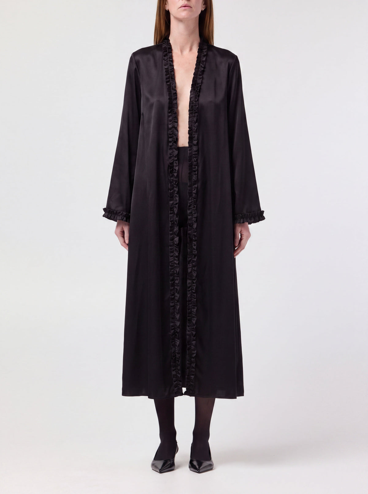 Margot in Onyx black silk robe with ruffle